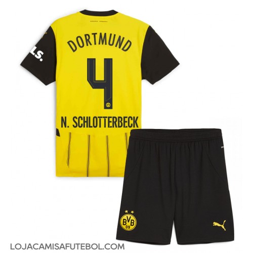 Camisa de Futebol Borussia Dortmund Nico Schlotterbeck #4 Equipamento Principal Infantil 2024-25 Manga Curta (+ Calças curtas)